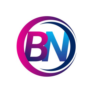 İlk harf logosu BN şirketi daire ve swoosh tasarımında mavi ve morumsu renkte. İş ve şirket kimliği için vektör logosu.