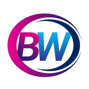 İlk harf logosu BW şirketinin dairesel ve eflatun dizaynlı mavi ve morumsu rengi. İş ve şirket kimliği için vektör logosu.
