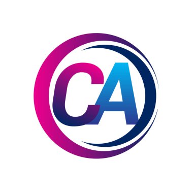 İlk harf logosu CA şirketinin dairesel ve eflatun dizaynlı mavi ve mor rengi. İş ve şirket kimliği için vektör logosu.
