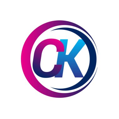 İlk harf CK şirketi adı mavi ve morumsu renkli daire ve swoosh tasarımı. İş ve şirket kimliği için vektör logosu.