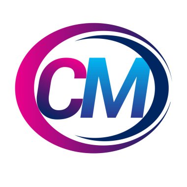 İlk harf logosu CM firması daire ve swoosh tasarımında mavi ve morumsu renkte. İş ve şirket kimliği için vektör logosu.