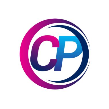 İlk harf logosu CP şirketi daire ve swoosh tasarımında mavi ve morumsu renkte. İş ve şirket kimliği için vektör logosu.