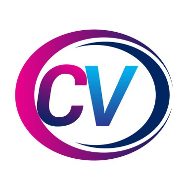 İlk harf logosu CV şirketi daire ve swoosh tasarımında mavi ve morumsu renkte. İş ve şirket kimliği için vektör logosu.