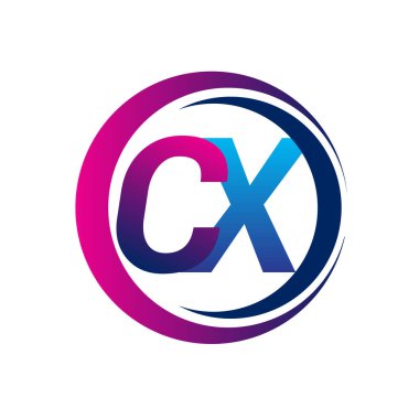 İlk harf logosu CX şirketinin dairesel ve eflatun dizaynlı mavi ve morumsu rengi. İş ve şirket kimliği için vektör logosu.