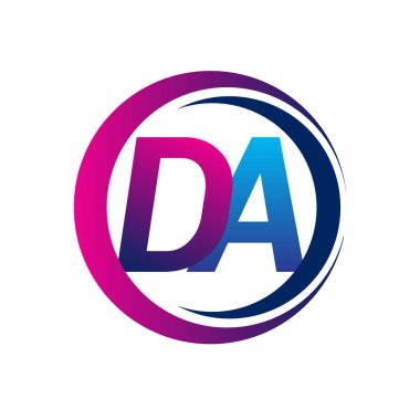 İlk harf logosu DA şirketinin dairesel ve eflatun dizaynlı mavi ve mor rengi. İş ve şirket kimliği için vektör logosu.