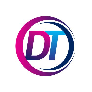 İlk harf logosu DT şirketi daire ve swoosh tasarımında mavi ve morumsu renkte. İş ve şirket kimliği için vektör logosu.