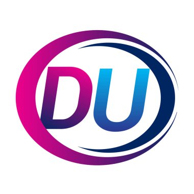 İlk harf logosu DU şirketinin daire ve swoosh tasarımında mavi ve morumsu rengi. İş ve şirket kimliği için vektör logosu.