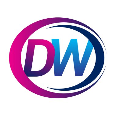 İlk harf logosu DW şirketi daire ve swoosh tasarımında mavi ve morumsu renkte. İş ve şirket kimliği için vektör logosu.