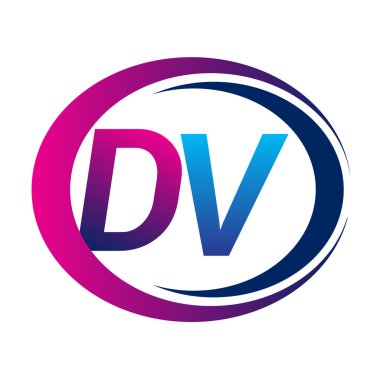 İlk harf logosu DV şirketi daire ve swoosh tasarımında mavi ve morumsu renkte. İş ve şirket kimliği için vektör logosu.