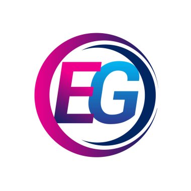 İlk harf logosu EG şirketi daire ve swoosh tasarımında mavi ve morumsu renkte. İş ve şirket kimliği için vektör logosu.