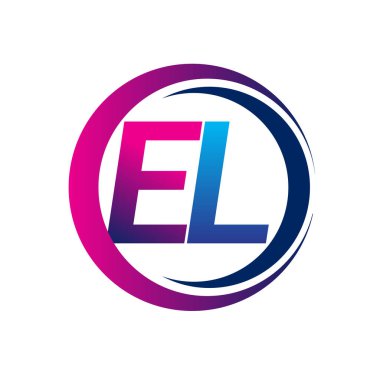 İlk harf EL logosu mavi ve morumsu renkli daire ve swoosh tasarımlı. İş ve şirket kimliği için vektör logosu.