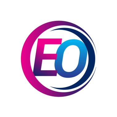 İlk harf logosu EO şirketi daire ve swoosh tasarımında mavi ve morumsu renkte. İş ve şirket kimliği için vektör logosu.