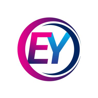 İlk harf EY şirketi daire ve swoosh tasarımında mavi ve morumsu renkte. İş ve şirket kimliği için vektör logosu.