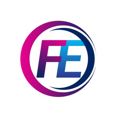 İlk harf FE FE şirketi daire ve swoosh tasarımında mavi ve morumsu renkte. İş ve şirket kimliği için vektör logosu.
