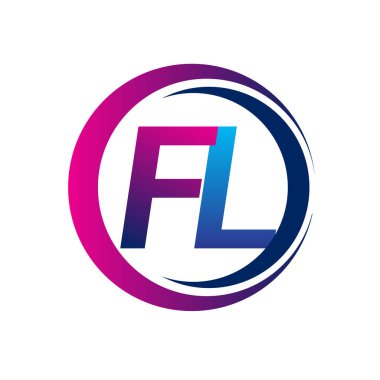 İlk harf logosu FL şirketi daire ve swoosh tasarımında mavi ve morumsu renkte. İş ve şirket kimliği için vektör logosu.