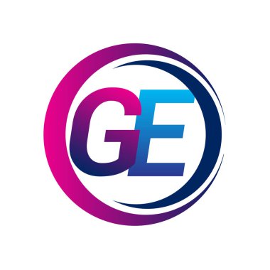 İlk harf GE şirketi dairesel ve swoosh tasarımlı mavi ve morumsu renk. İş ve şirket kimliği için vektör logosu.