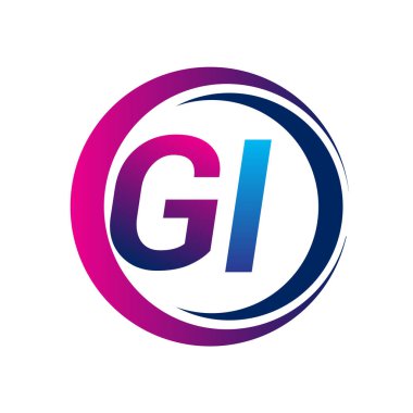 İlk harf logosu GI şirketi daire ve swoosh tasarımında mavi ve morumsu renkte. İş ve şirket kimliği için vektör logosu.