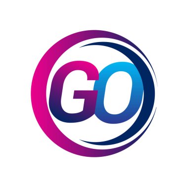 İlk harf GO GO şirketi daire ve swoosh tasarımı üzerinde mavi ve morumsu renk. İş ve şirket kimliği için vektör logosu.