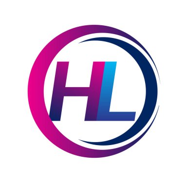 İlk harf logosu HL şirketi daire ve swoosh tasarımında mavi ve morumsu renkte. İş ve şirket kimliği için vektör logosu.