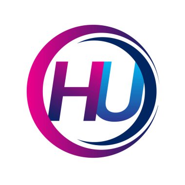 İlk harf logosu HU şirketinin dairesel ve eflatun dizaynlı mavi ve morumsu rengi. İş ve şirket kimliği için vektör logosu.