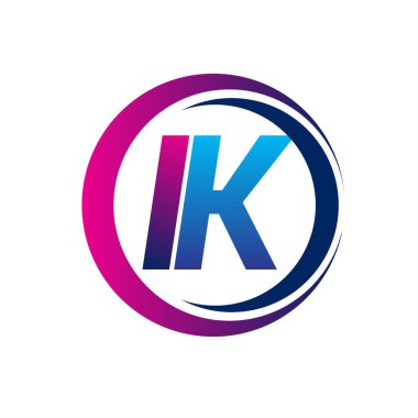 İlk harf logosu IK şirketi daire ve swoosh tasarımında mavi ve morumsu renkte. İş ve şirket kimliği için vektör logosu.