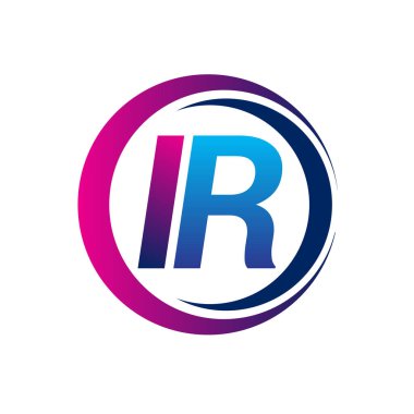 İlk harf IR firmasının dairesel ve eflatun renkli mavi ve mor renkli logosu. İş ve şirket kimliği için vektör logosu.
