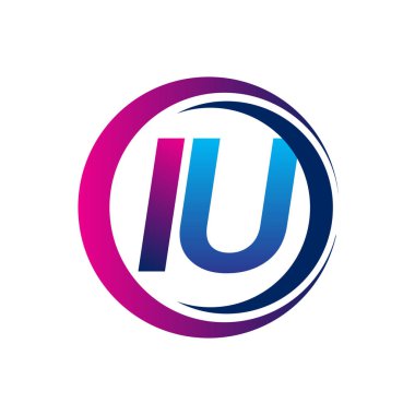 İlk harf logosu IU şirketinin daire ve swoosh tasarımında mavi ve morumsu rengi. İş ve şirket kimliği için vektör logosu.