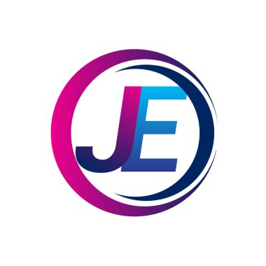 İlk harf logosu JE şirketi daire ve swoosh tasarımında mavi ve morumsu renkte. İş ve şirket kimliği için vektör logosu.