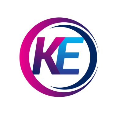 Çemberde mavi ve morumsu renkte mavi ve mor renkli ilk harf KE şirketi logosu. İş ve şirket kimliği için vektör logosu.