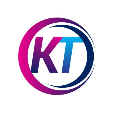 İlk harf logosu KT şirketi daire ve swoosh tasarımında mavi ve morumsu renkte. İş ve şirket kimliği için vektör logosu.