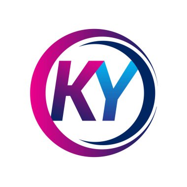 İlk harf logosu KY şirketinin dairesel ve eflatun dizaynlı mavi ve morumsu rengi. İş ve şirket kimliği için vektör logosu.