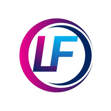 İlk harf logosu LF şirketi daire ve swoosh tasarımında mavi ve morumsu renkte. İş ve şirket kimliği için vektör logosu.