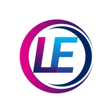 İlk harf olarak LE şirketi adı mavi ve morumsu renkli daire ve swoosh tasarımlı. İş ve şirket kimliği için vektör logosu.