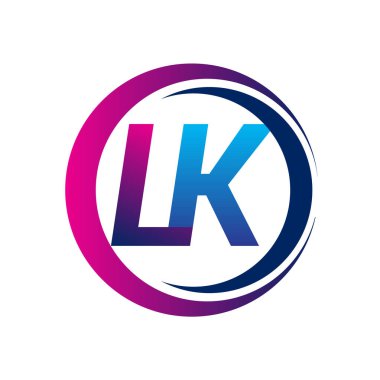 İlk harf logosu LK şirketi daire ve swoosh tasarımında mavi ve morumsu renkte. İş ve şirket kimliği için vektör logosu.