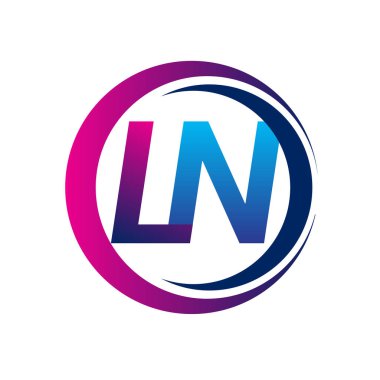 İlk harf logosu LN şirketi daire ve swoosh tasarımında mavi ve morumsu renkte. İş ve şirket kimliği için vektör logosu.