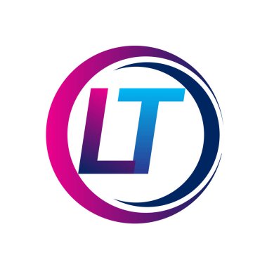 İlk harf logosu LT şirketinin daire ve swoosh tasarımında mavi ve morumsu rengi. İş ve şirket kimliği için vektör logosu.