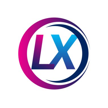 İlk harf logosu LX şirketi daire ve swoosh tasarımında mavi ve morumsu renkte. İş ve şirket kimliği için vektör logosu.