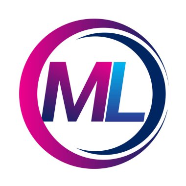 İlk harf logosu ML şirketi daire ve swoosh tasarımında mavi ve morumsu renkte. İş ve şirket kimliği için vektör logosu.