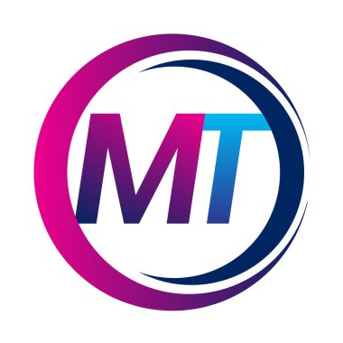 İlk harf logosu MT şirketinin dairesel ve eflatun dizaynlı mavi ve morumsu rengi. İş ve şirket kimliği için vektör logosu.