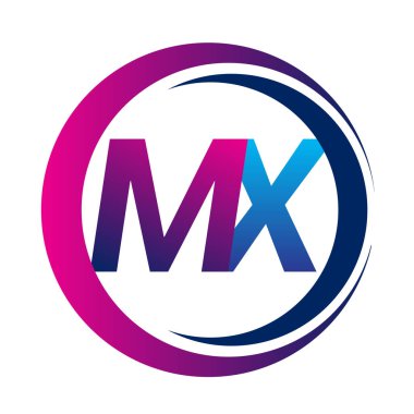 İlk harf logosu MX şirketi daire ve swoosh tasarımında mavi ve morumsu renkte. İş ve şirket kimliği için vektör logosu.