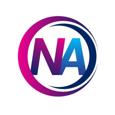 İlk harf logosu NA şirketi daire ve swoosh tasarımında mavi ve morumsu renkte. İş ve şirket kimliği için vektör logosu.