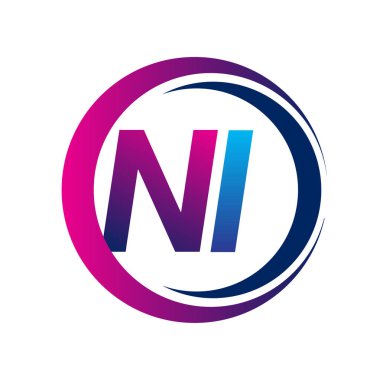 İlk harf NI şirketi daire ve swoosh tasarımında mavi ve morumsu renkte. İş ve şirket kimliği için vektör logosu.