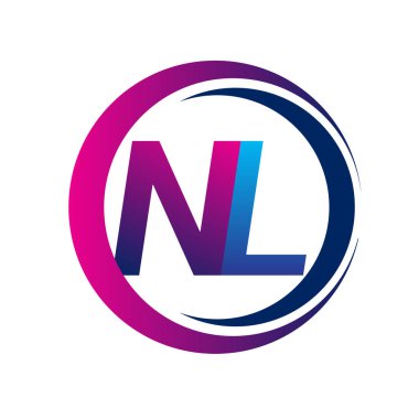 İlk harf logosu NL şirketi daire ve swoosh tasarımında mavi ve morumsu renkte. İş ve şirket kimliği için vektör logosu.