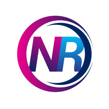 İlk harf logosu NR şirketi daire ve swoosh tasarımında mavi ve morumsu renkte. İş ve şirket kimliği için vektör logosu.