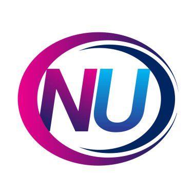 İlk harf logosu NU şirketinin dairesel ve eflatun dizaynlı mavi ve morumsu rengi. İş ve şirket kimliği için vektör logosu.