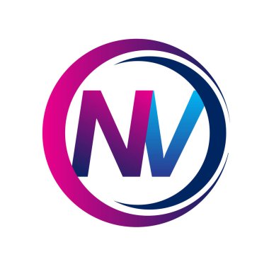 İlk harf logosu NV şirketi daire ve swoosh tasarımında mavi ve morumsu renkte. İş ve şirket kimliği için vektör logosu.