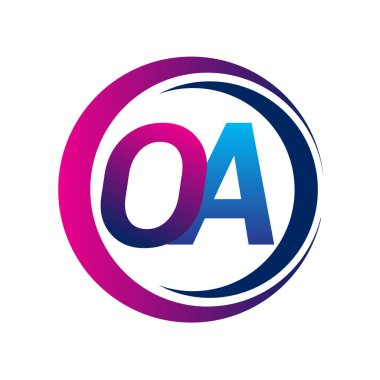 İlk harf logosu OA şirketi adı mavi ve morumsu renkli daire ve swoosh tasarımı. İş ve şirket kimliği için vektör logosu.