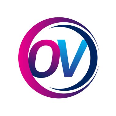 İlk harf logosu OV şirketi daire ve swoosh tasarımında mavi ve morumsu renkte. İş ve şirket kimliği için vektör logosu.