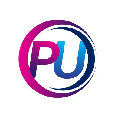 İlk harf logosu PU şirketi daire ve swoosh tasarımında mavi ve morumsu renkte. İş ve şirket kimliği için vektör logosu.
