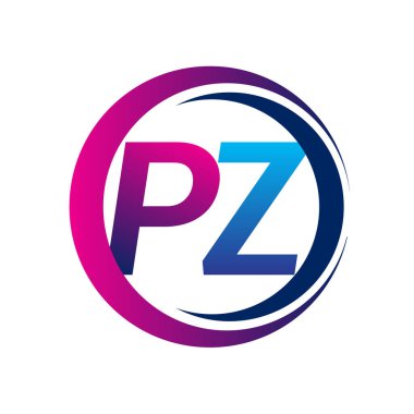 İlk harf logosu PZ şirketi daire ve swoosh tasarımında mavi ve morumsu renkte. İş ve şirket kimliği için vektör logosu.